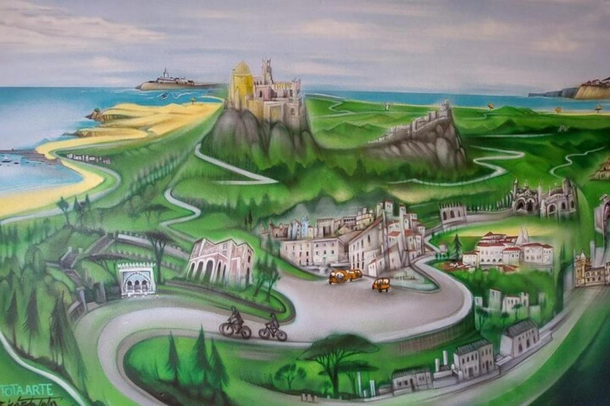 une peinture d'un château sur une colline à côté de l'océan