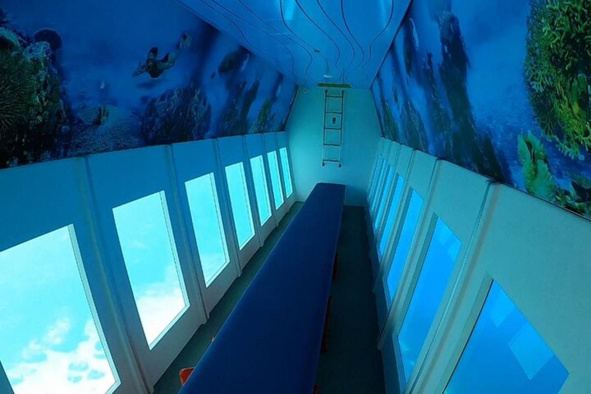 una stanza con un murale di pesce sul soffitto