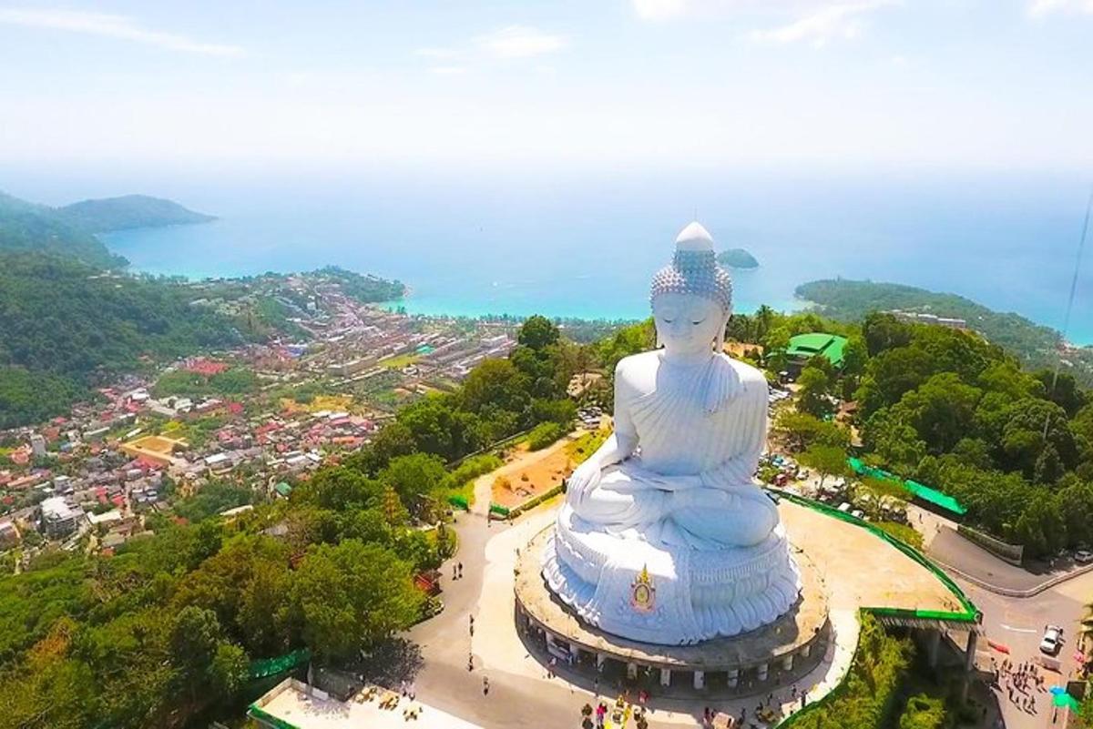 an aerial view of a giant buddha statue