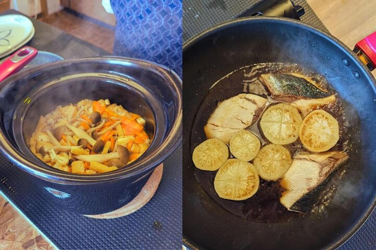 two pictures of a pan of food and a bowl of vegetables