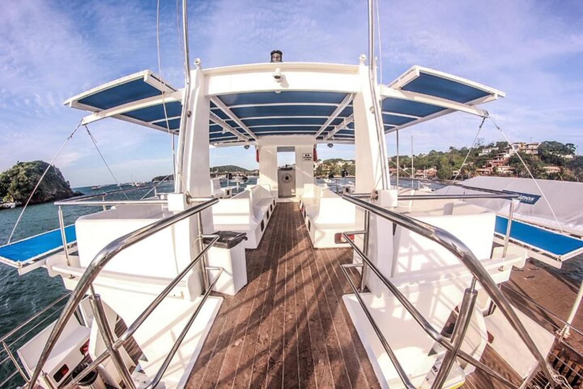 a view of the front of a boat in the water