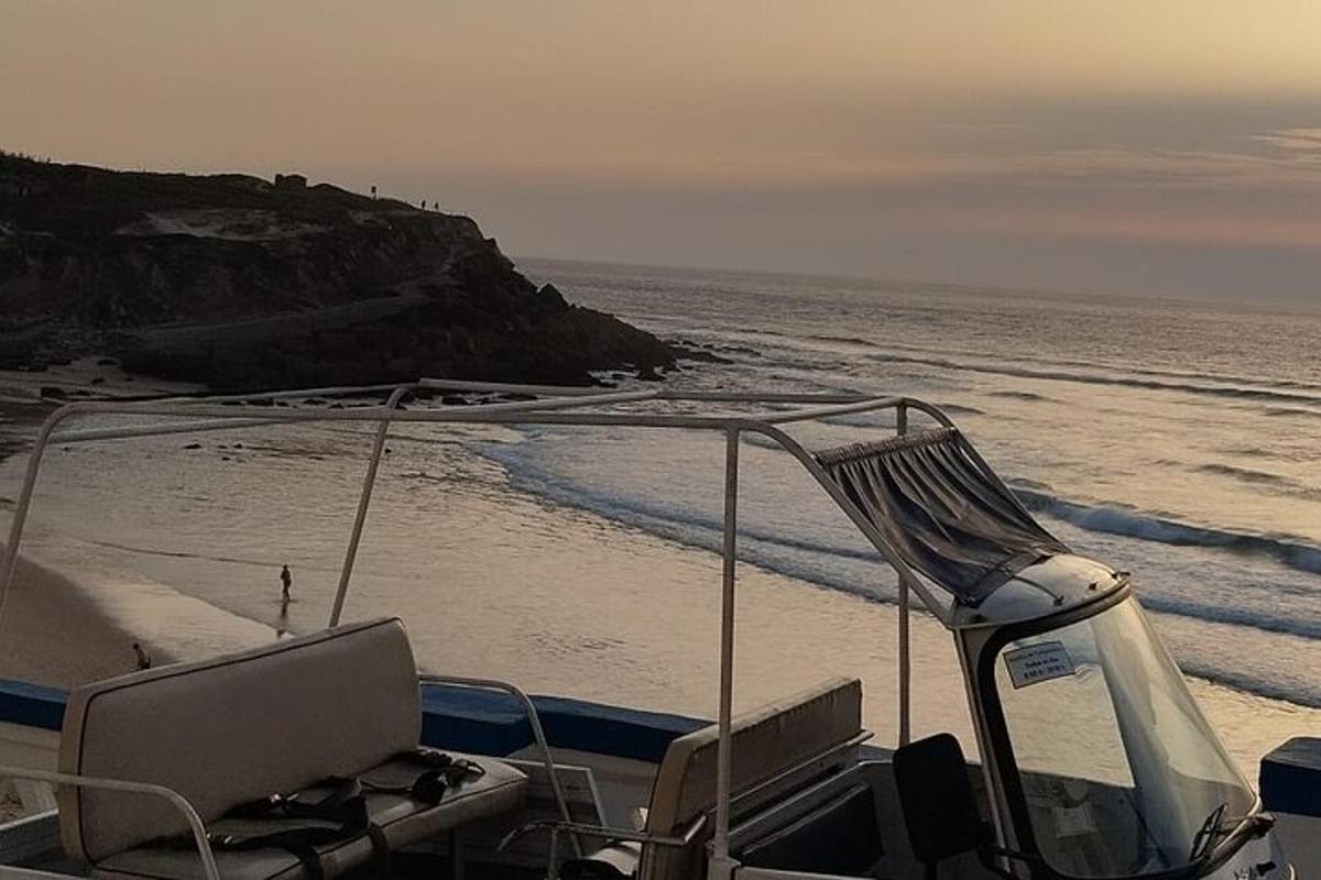 una barca su una spiaggia con l'oceano