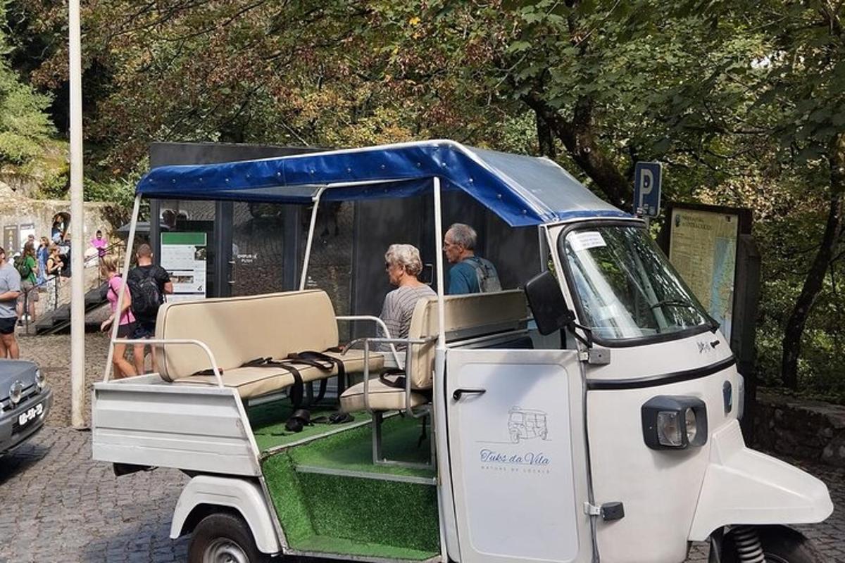 une voiturette de golf avec un auvent bleu et des gens à l'intérieur