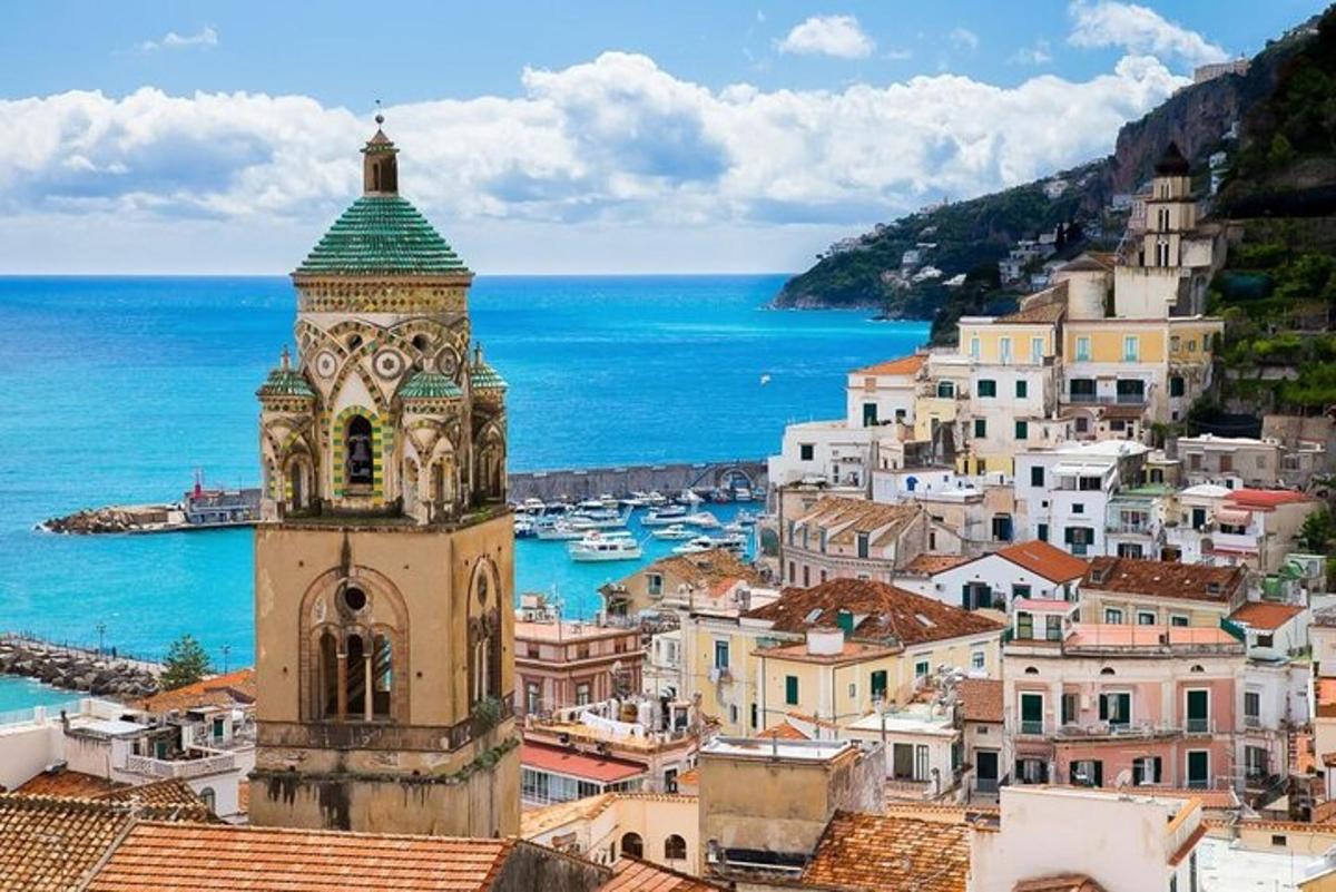 a view of a city with a clock tower