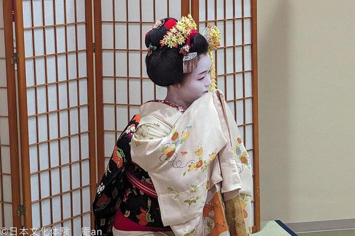 Una mujer con un kimono de pie junto a una jaula.