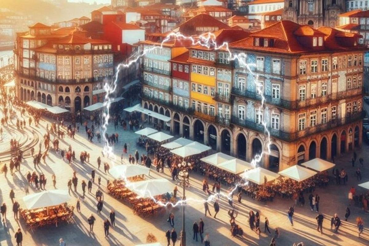 pohled shora na město s lidmi, kteří se procházejí kolem