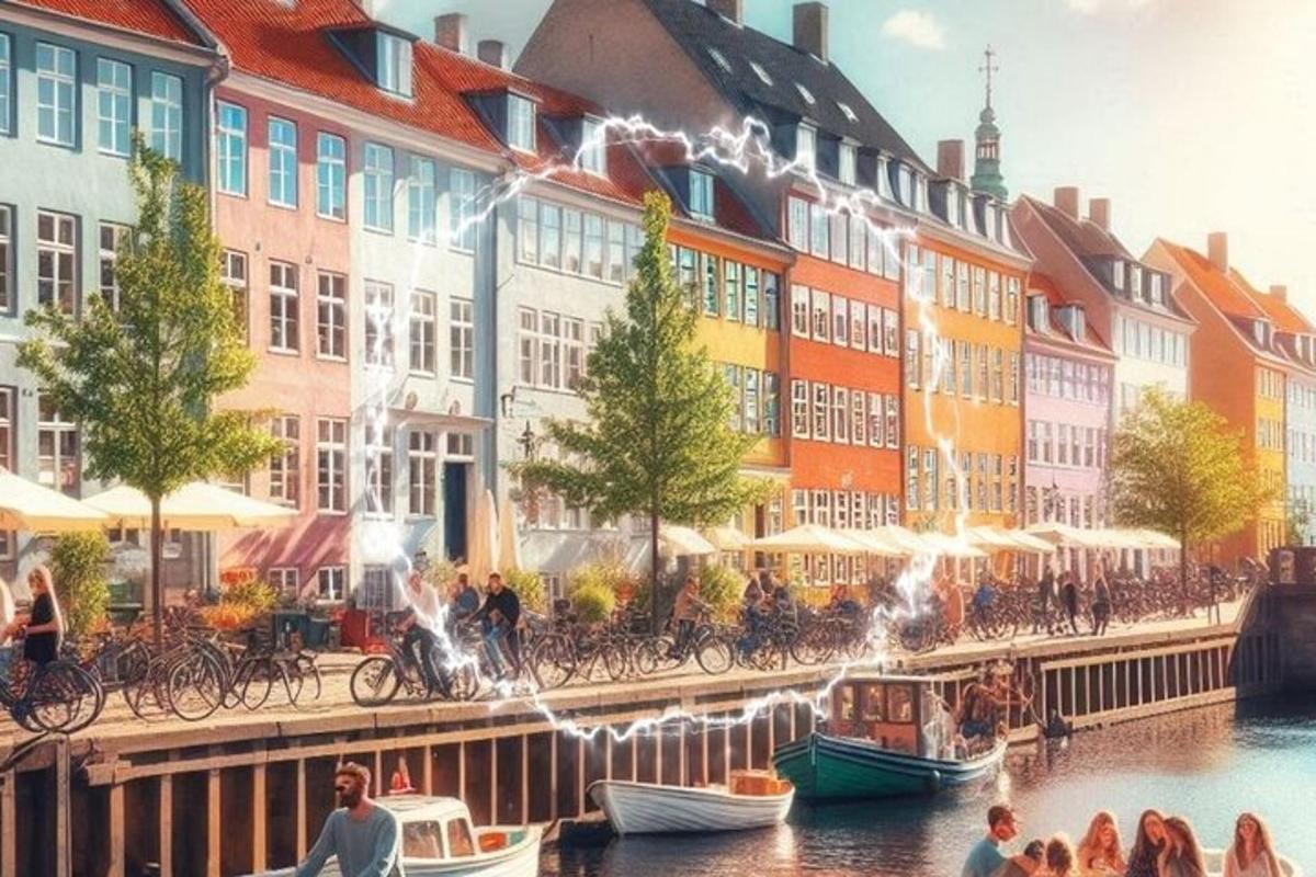 eine Gruppe von Menschen in Booten auf einem Fluss mit Gebäuden