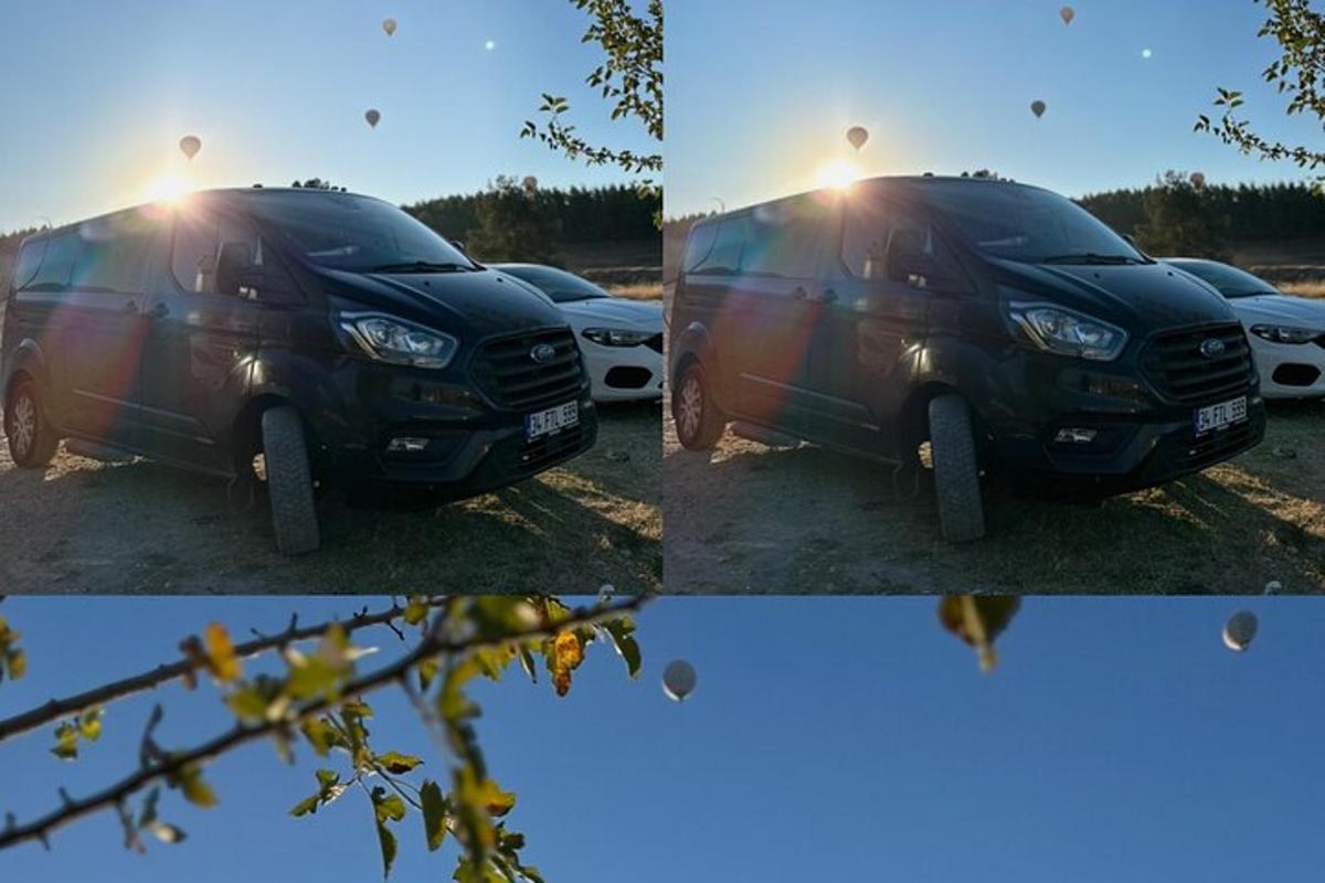 două imagini cu o mașină parcată într-o parcare