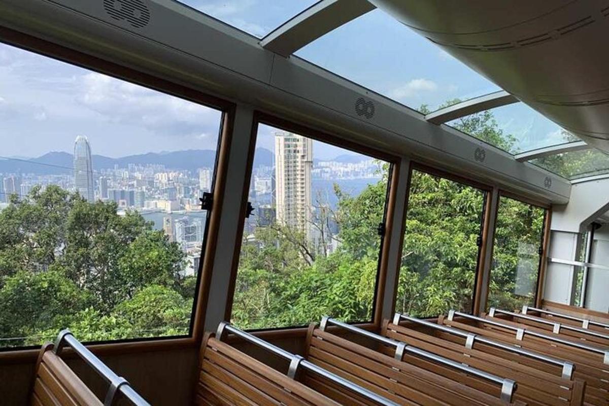 a group of benches in a building with a view