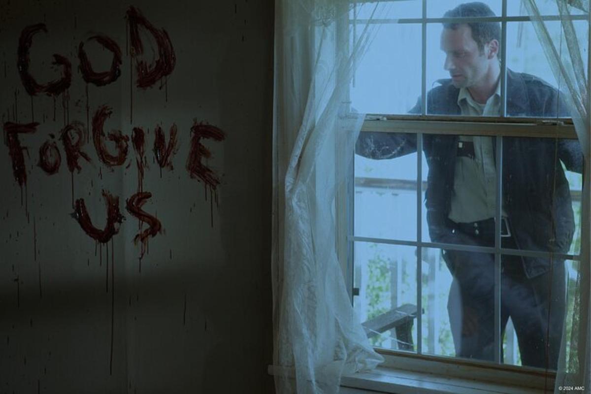 a man looking out of a window with the words god forgive us