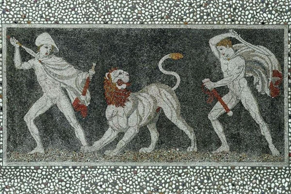 a painting of a man with a lion and aeper