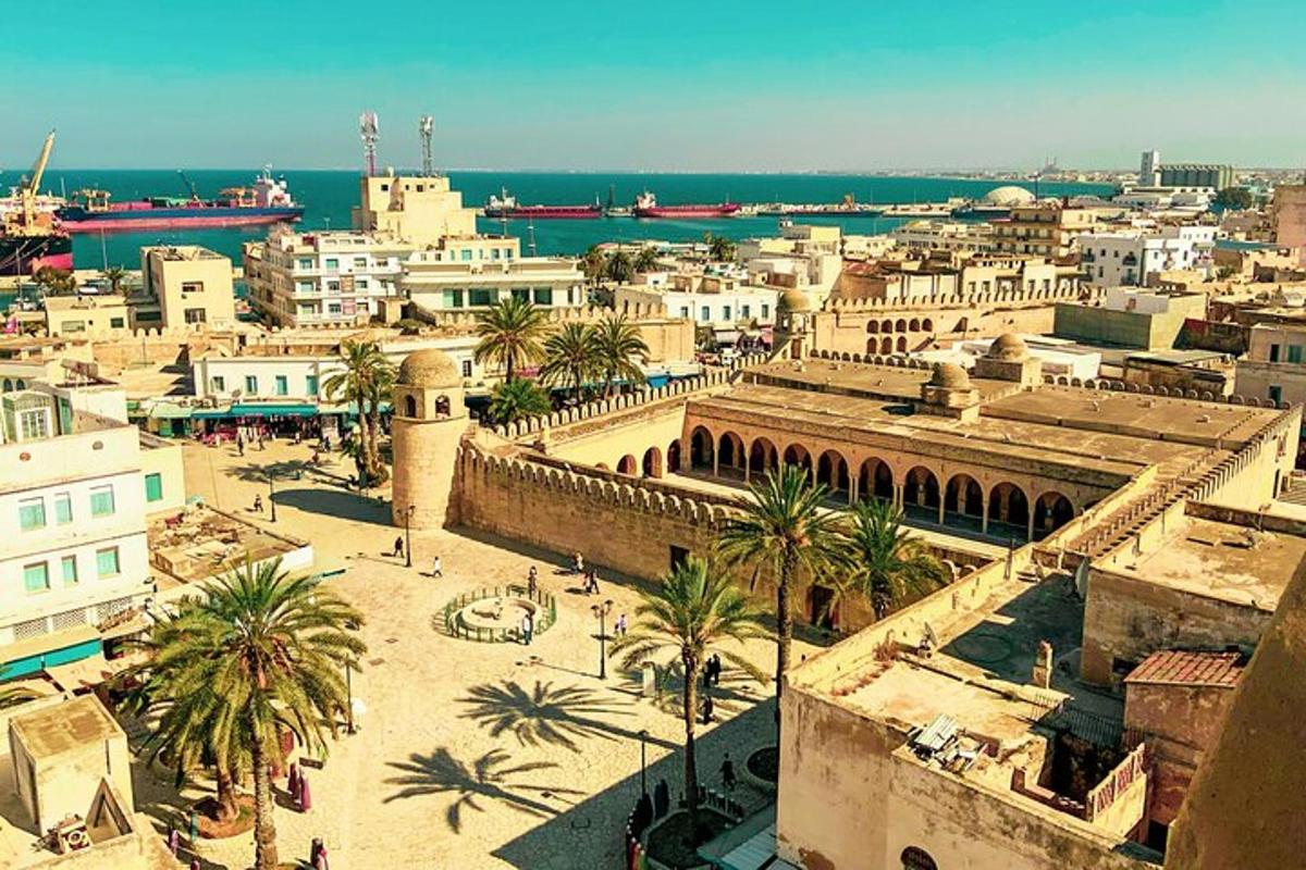 a city with buildings and palm trees and the ocean