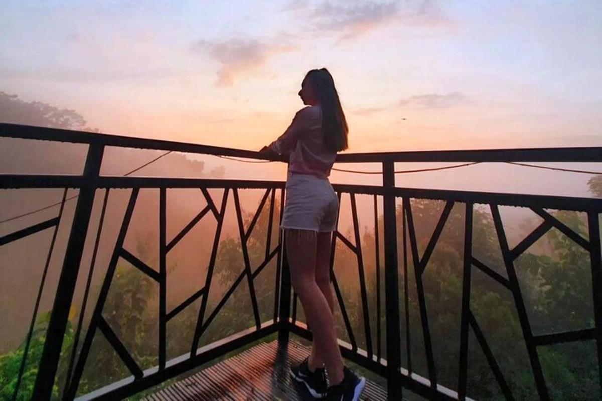 a woman standing on top of a tower looking at the sunset