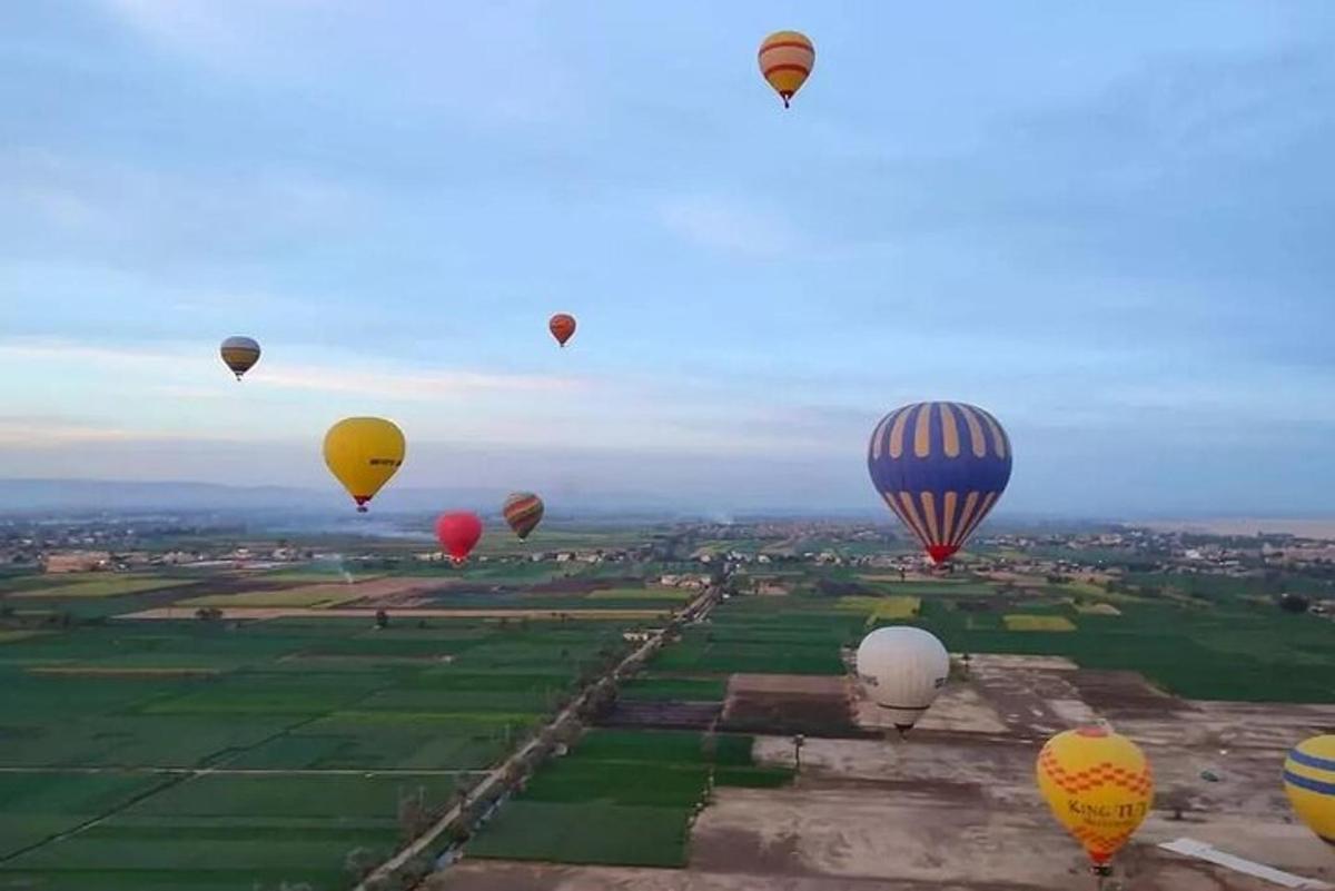 sekumpulan belon udara panas terbang di atas padang