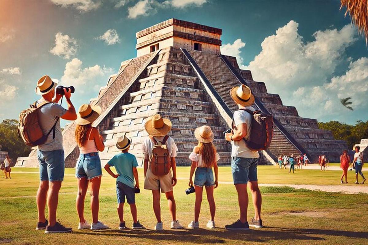 a group of people standing in front of a pyramid