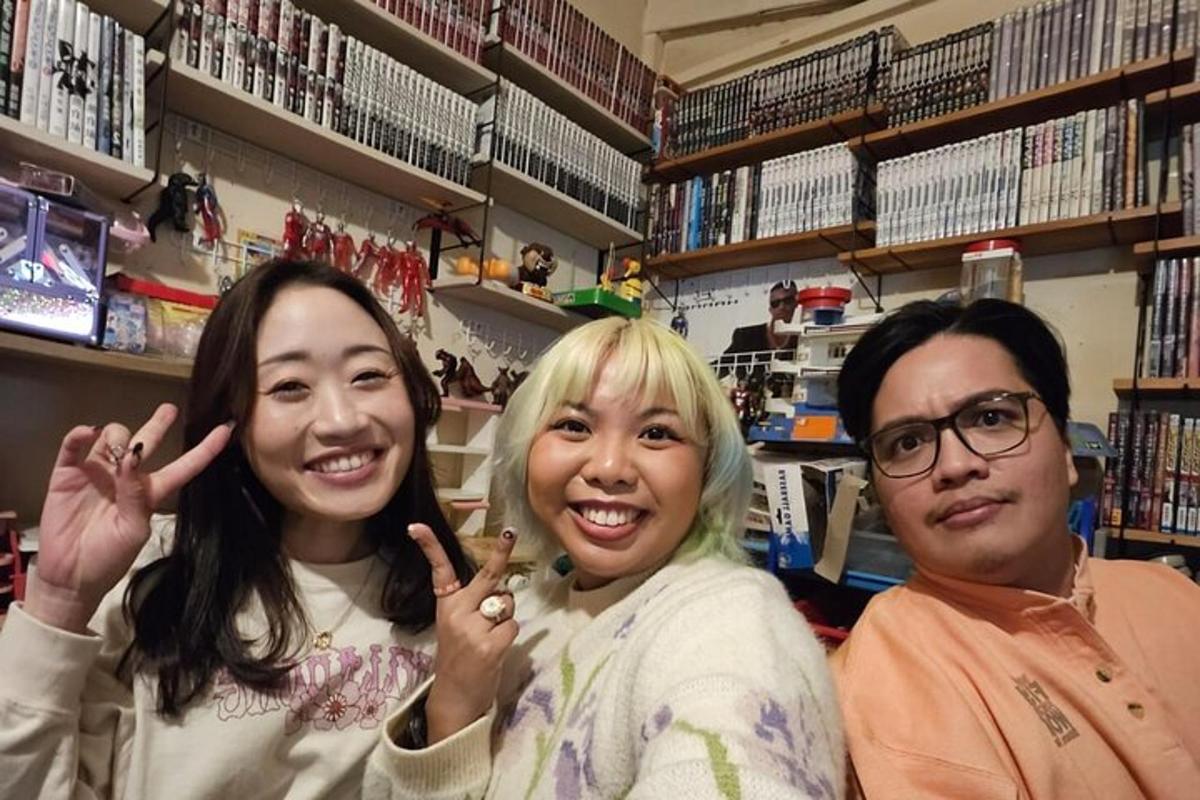 three people posing for a picture in a store