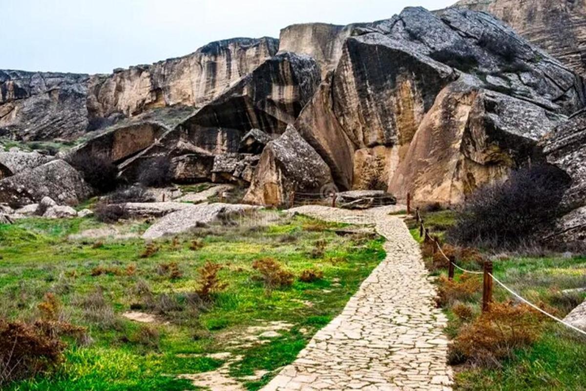 a path in the mountains with rocks in the background
