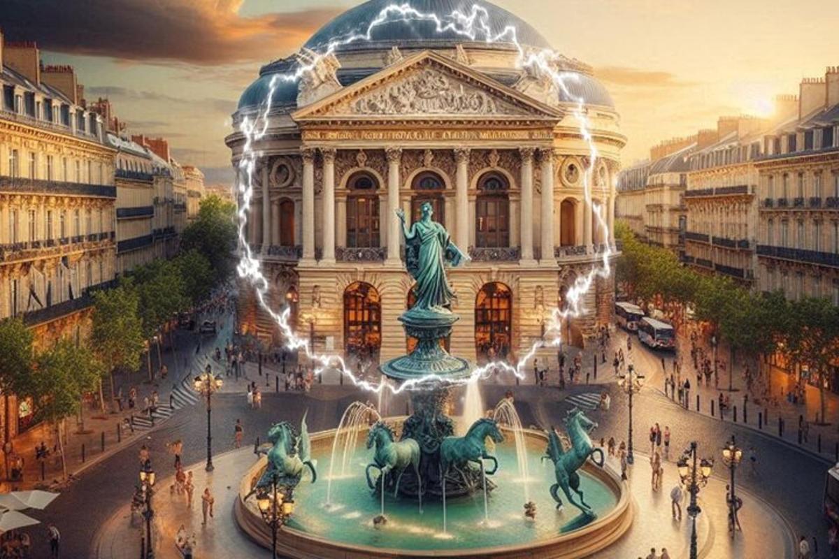 a building with a statue in the middle of a street