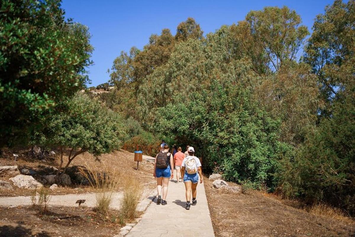 tre persone che camminano lungo un sentiero in un parco