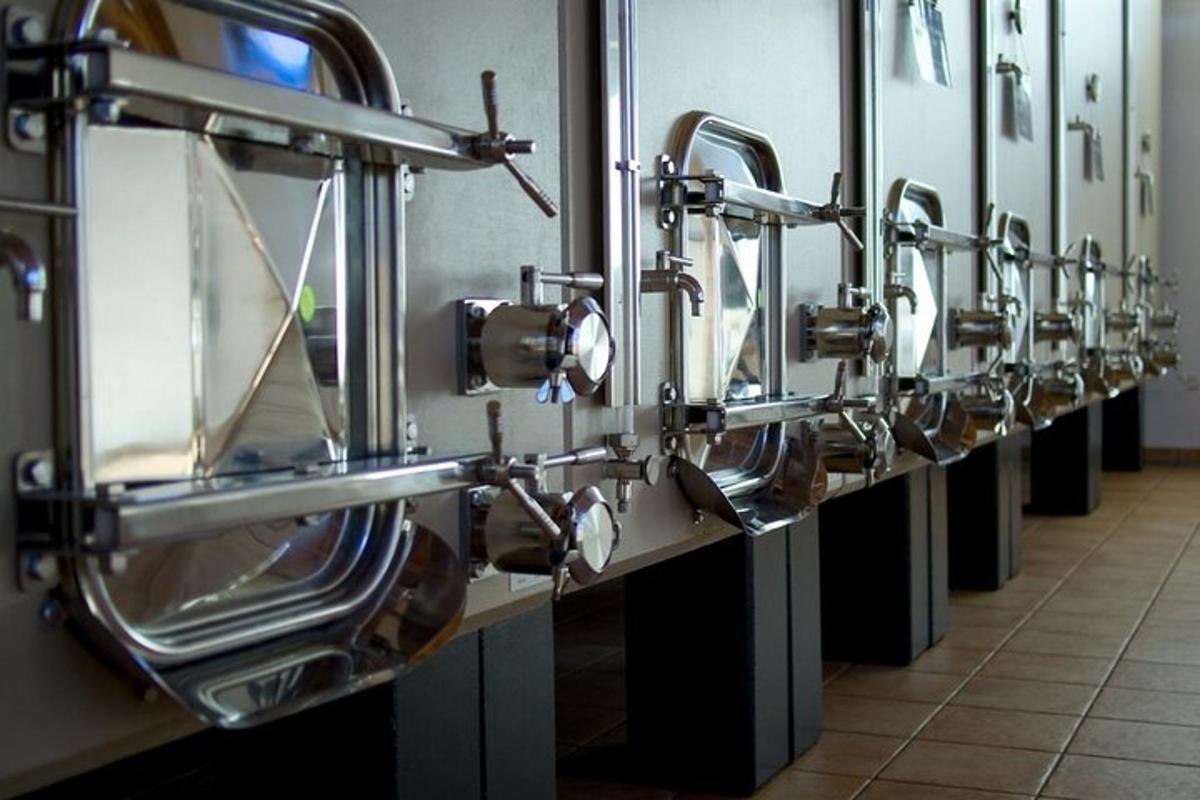 a row of silver faucets in a bathroom