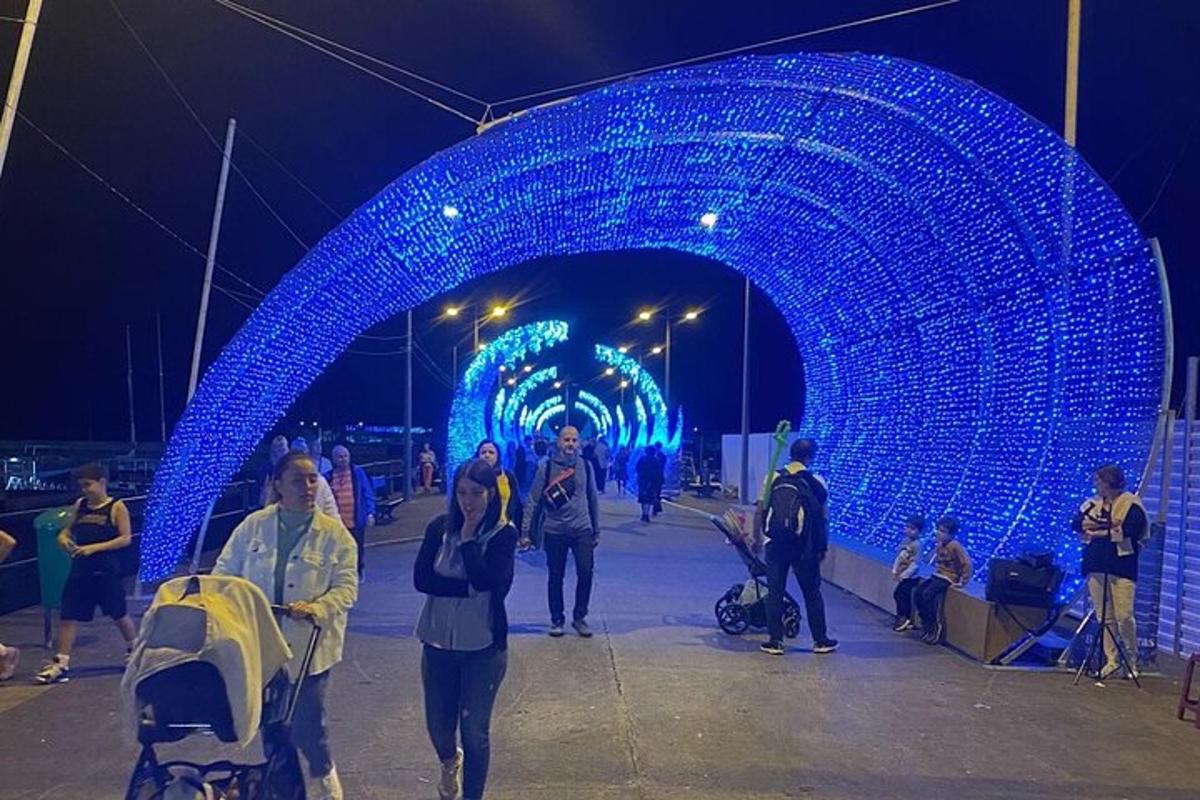 skupina ljudi, ki hodijo pod modrim tunelom
