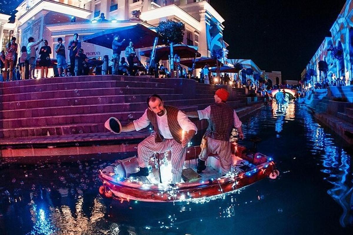 two men in a small boat in the water at night