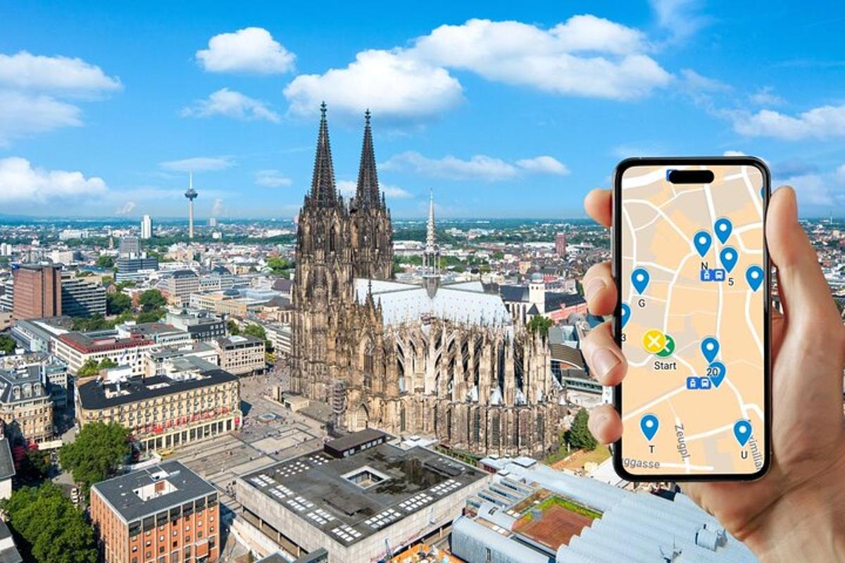 egy személy mobiltelefont tart a kezében egy katedrális előtt