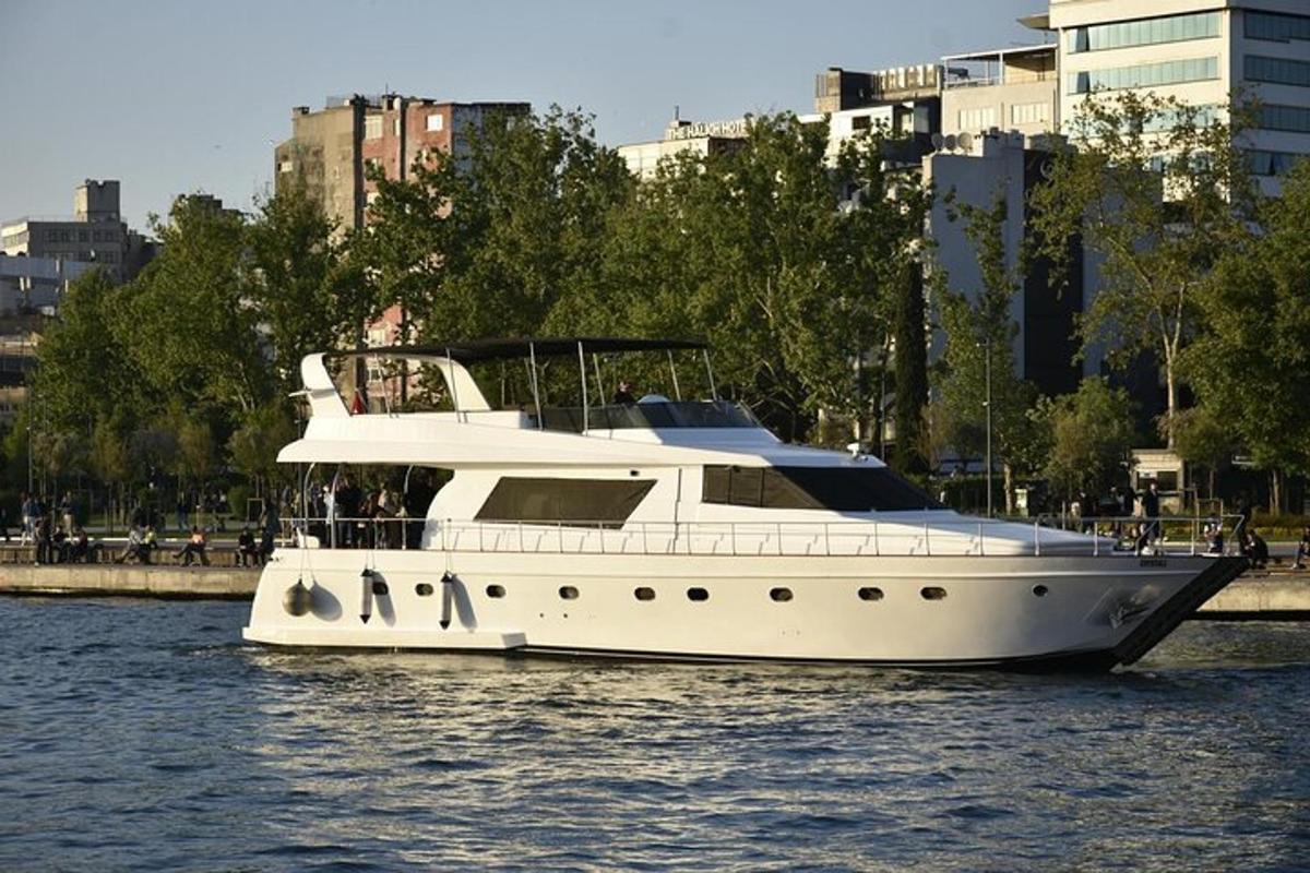 a white boat in the water in a city