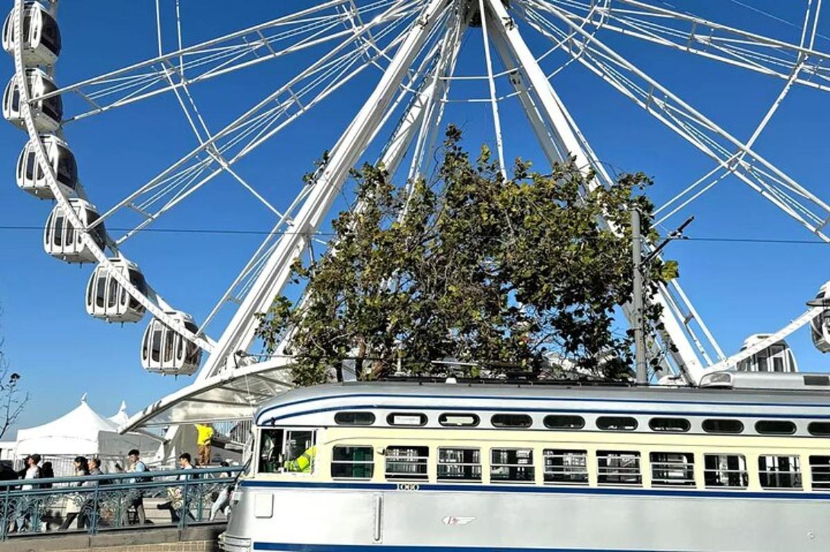 una ruota panoramica con un autobus davanti