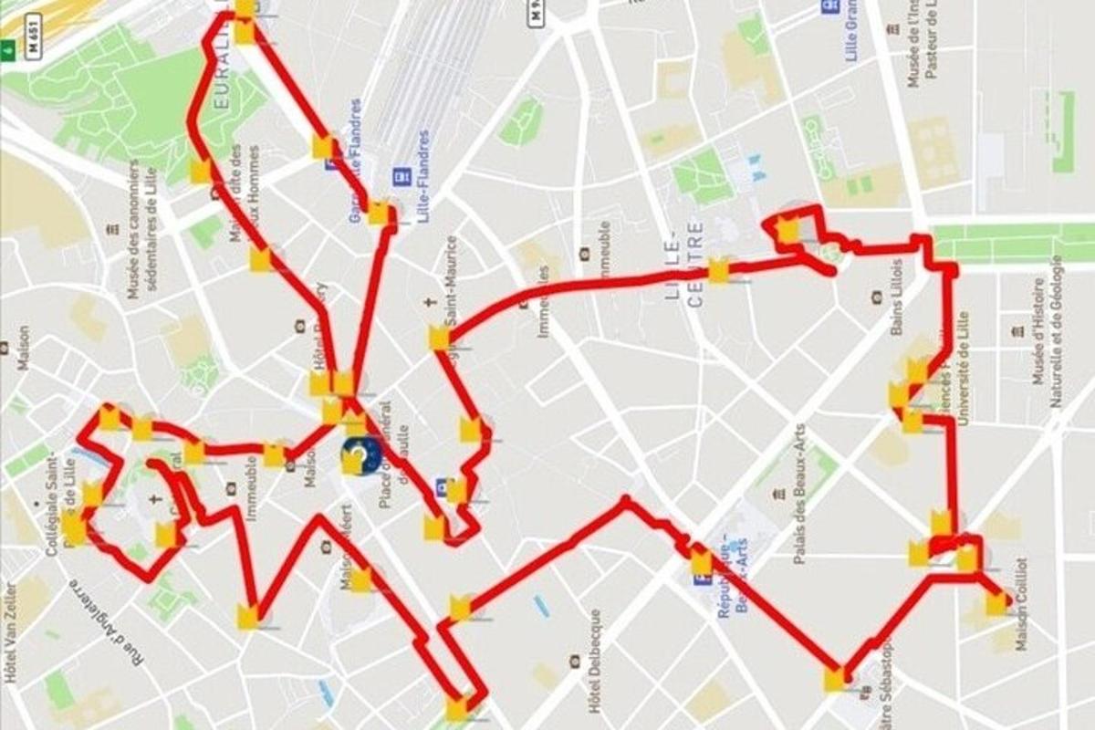 a map with red and yellow lines on it
