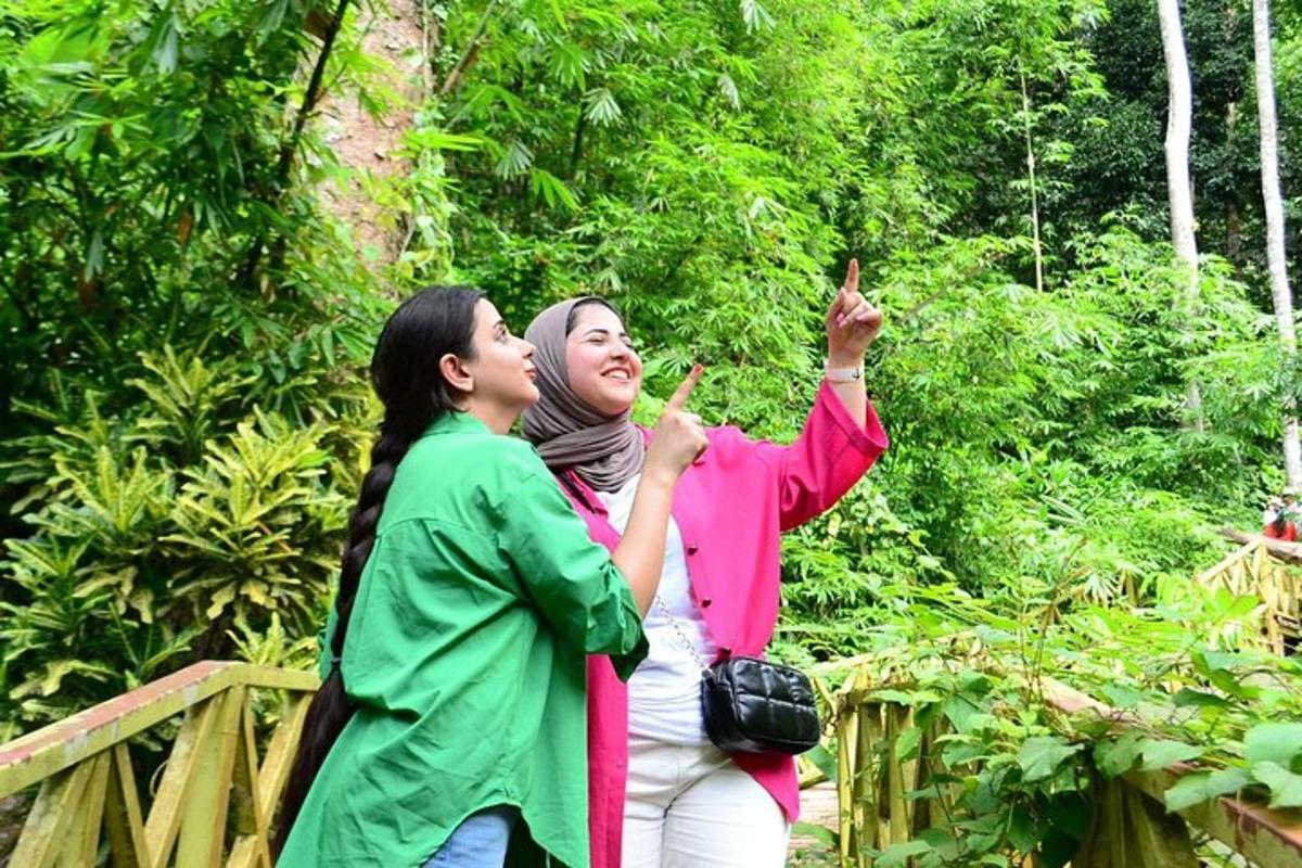 dua wanita berdiri di jembatan di hutan