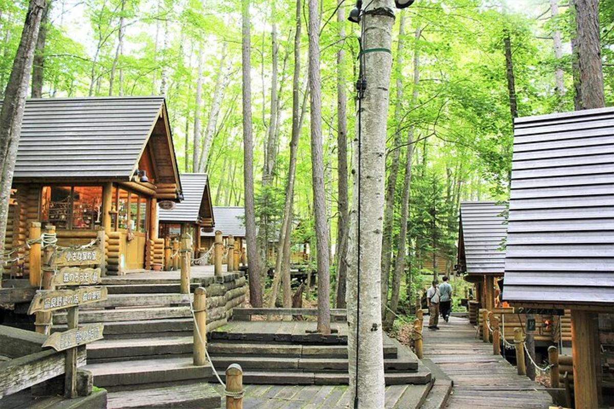 a log cabin in the woods with people walking down the stairs