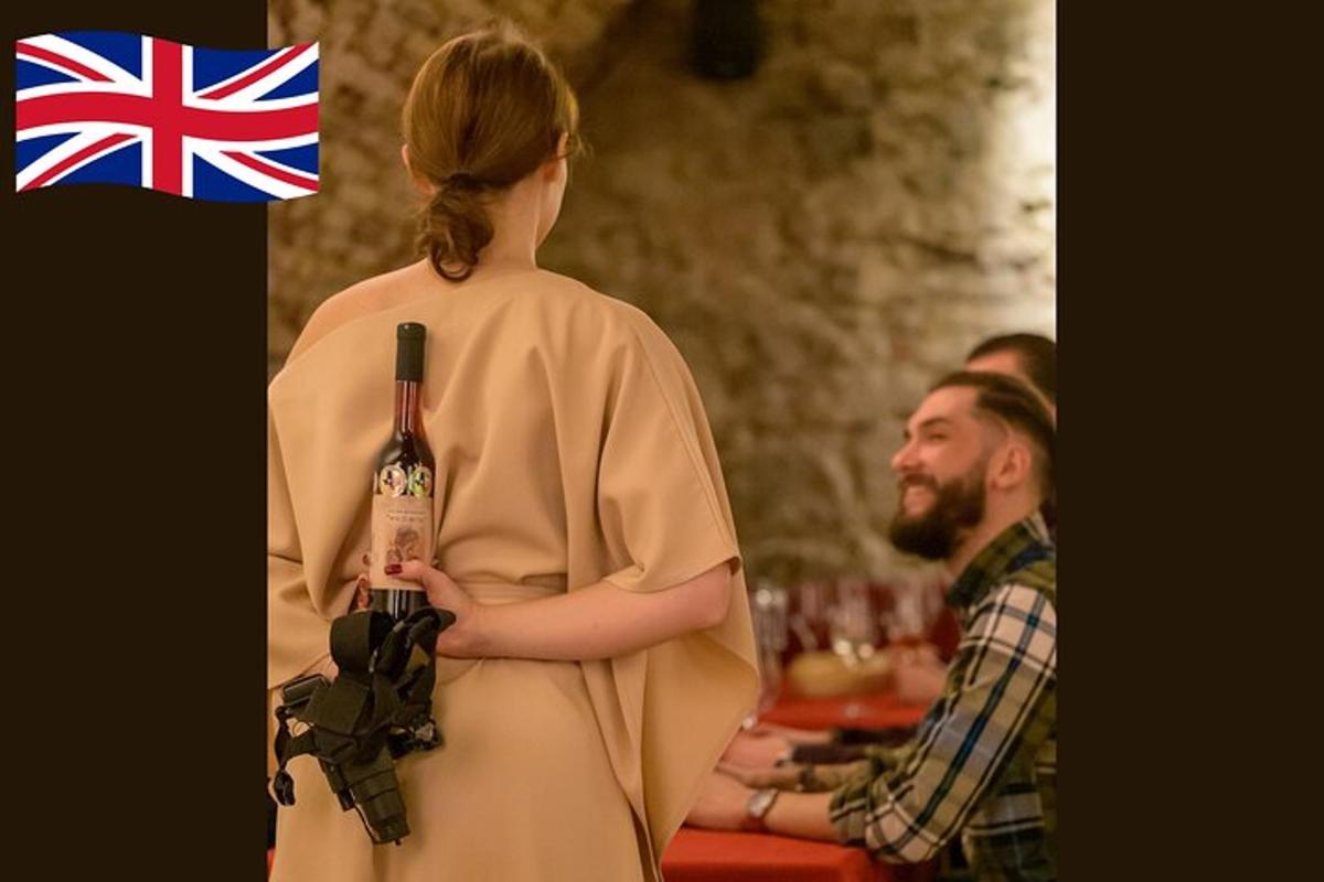 a woman holding a bottle of wine and a camera