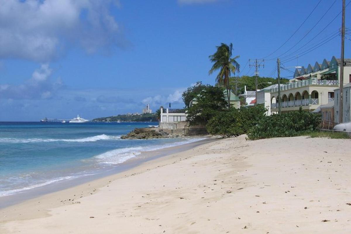 a sandy beach with a cruise ship in the ocean