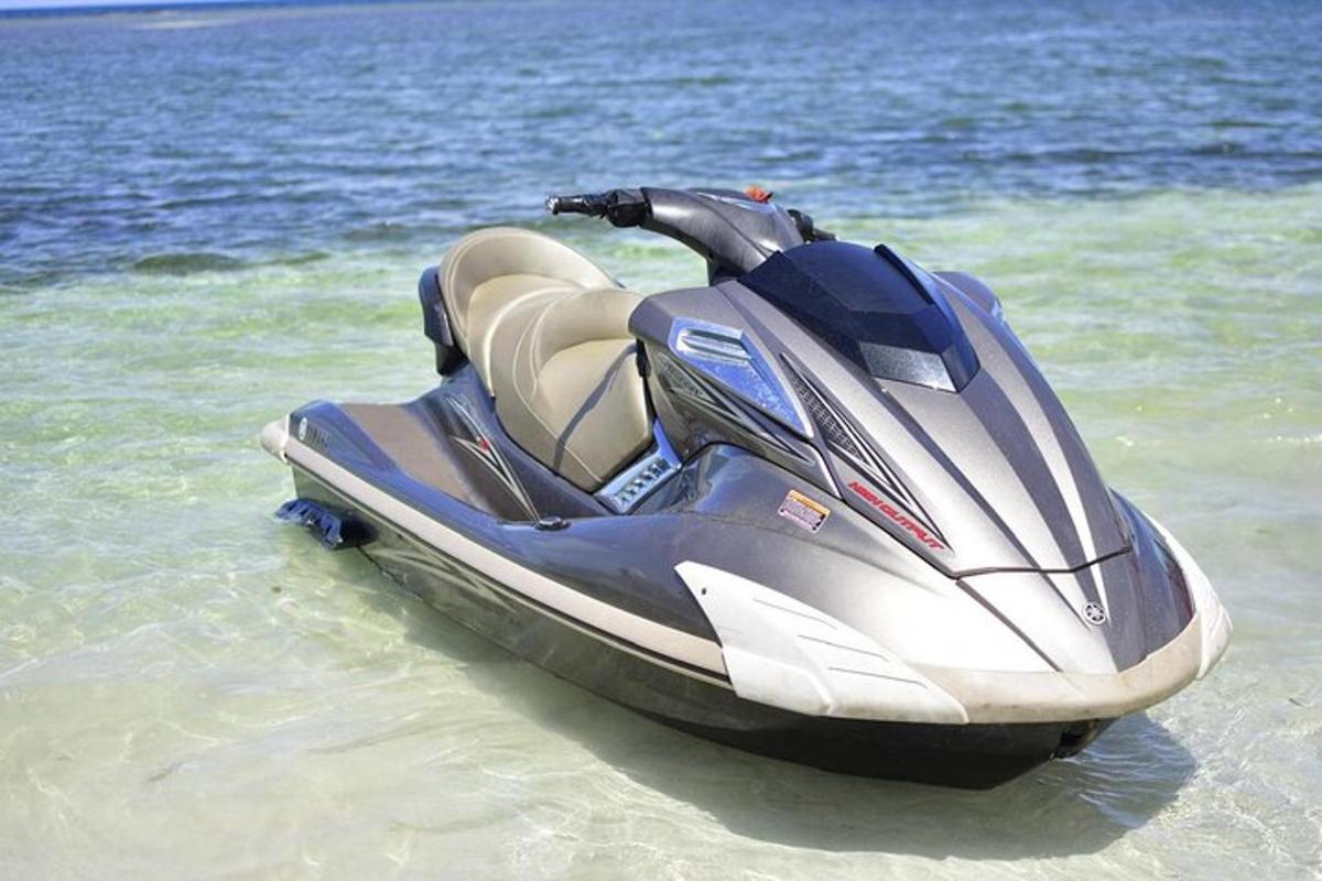 a jet ski parked on the beach in the water