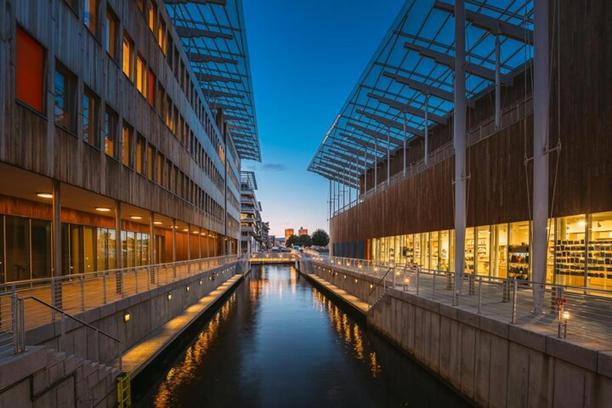 a canal between two buildings in a city
