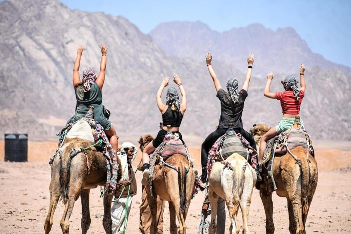 Un grupo de personas montando a caballo en el desierto.