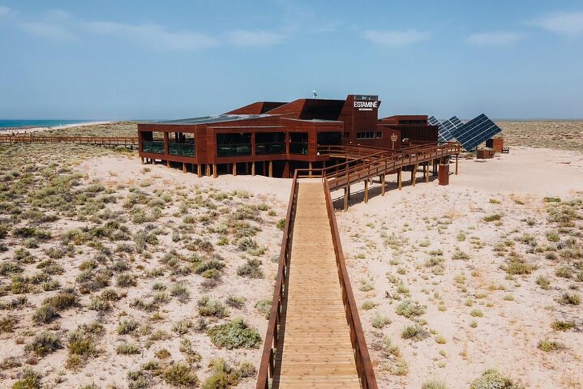 a building on a wooden boardwalk in the desert