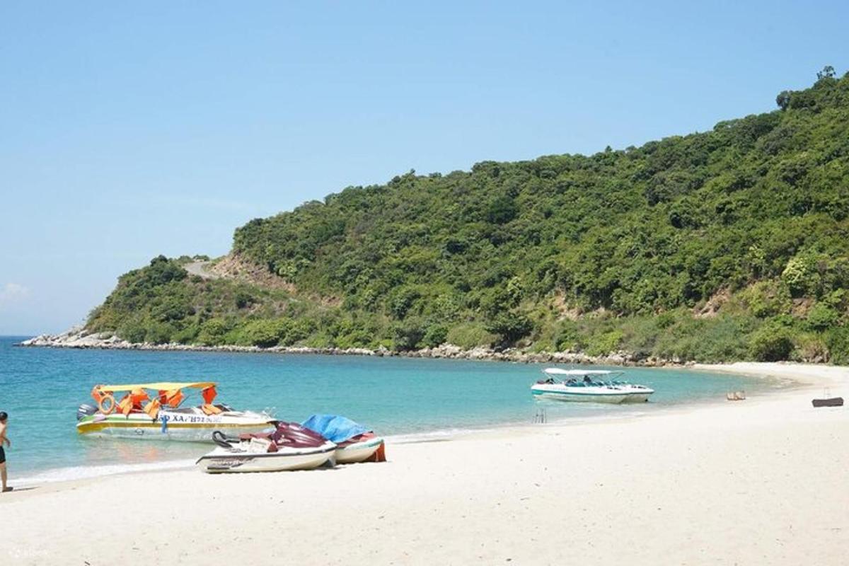 un gruppo di barche su una spiaggia con una montagna