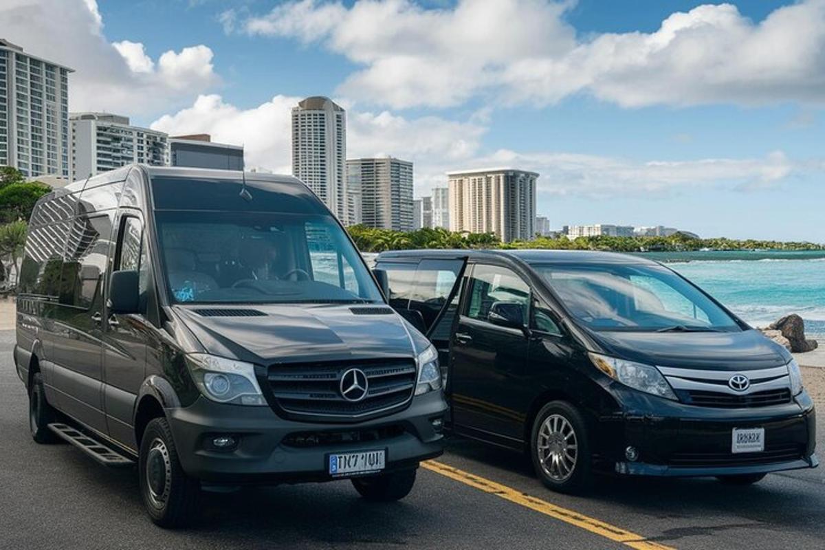 due furgoni parcheggiati in un parcheggio vicino all'oceano
