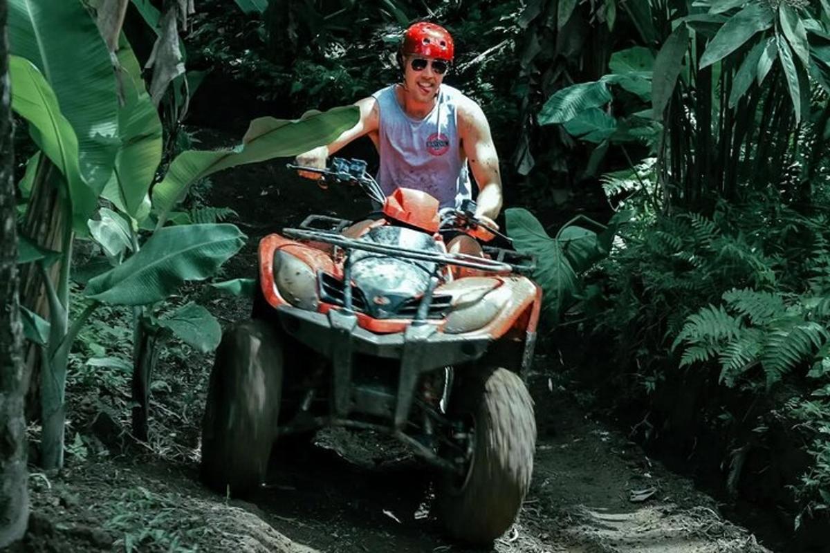 un uomo a cavallo di un carro a rotelle nella foresta