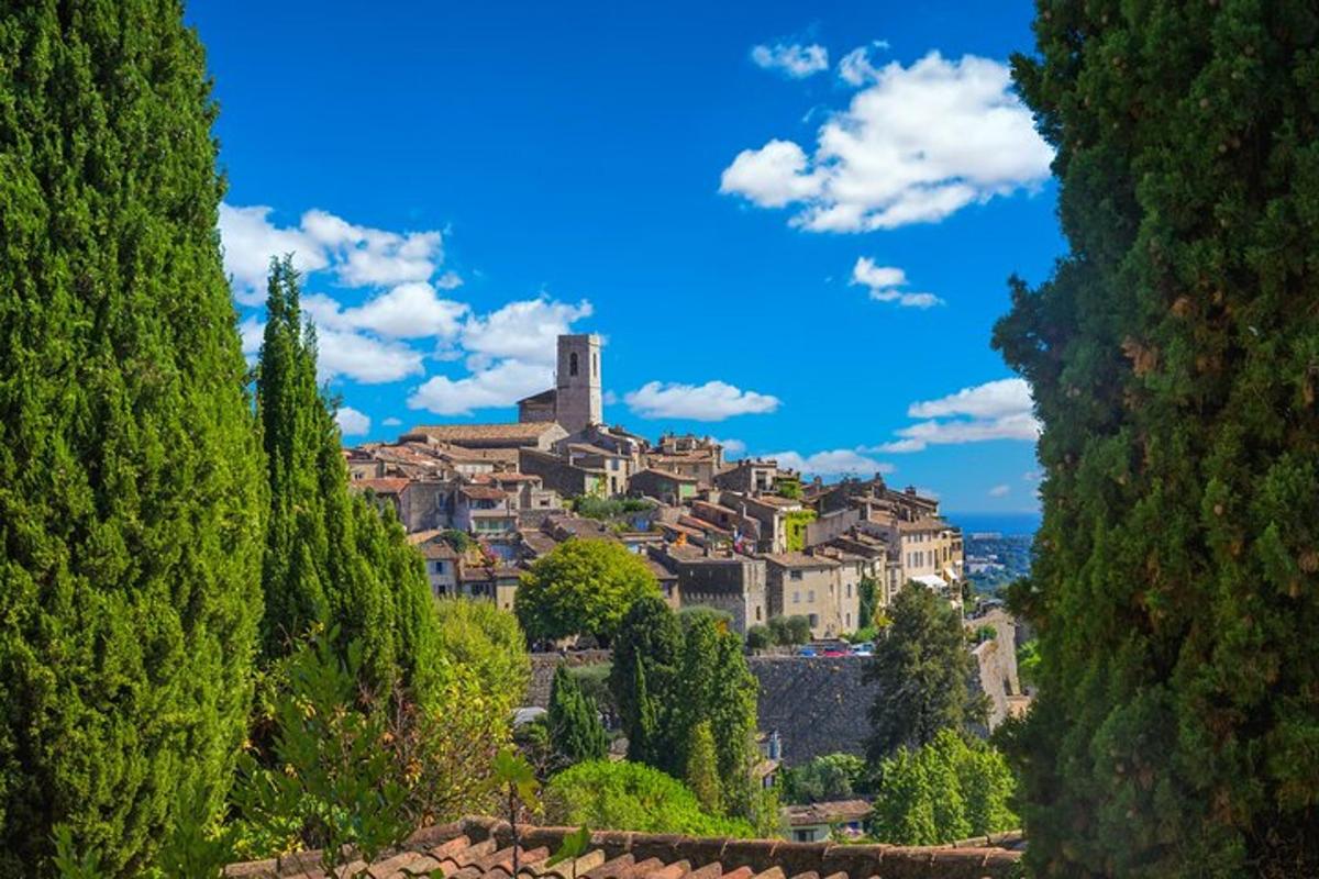 uma cidade no topo de uma colina com árvores