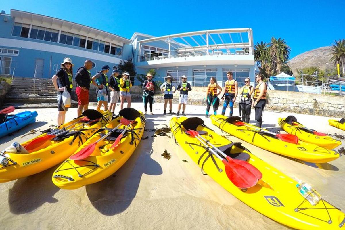 un grup de persones dempeus al costat de caiacs a la platja