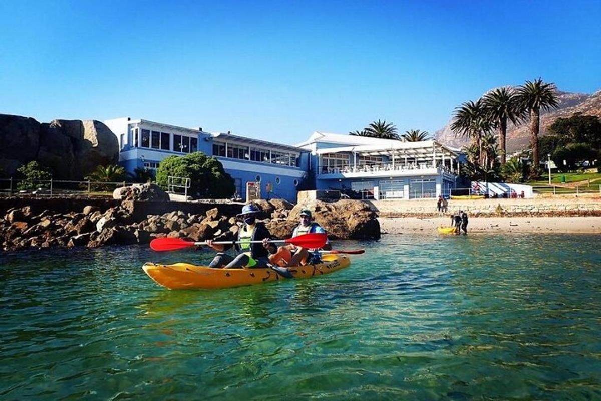 un grup de persones en caiacs a l'aigua prop d'una platja