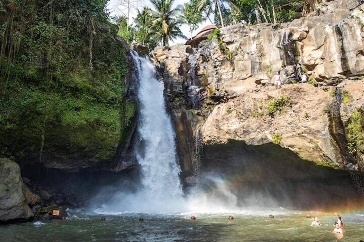una cascata con persone che nuotano in uno specchio d'acqua