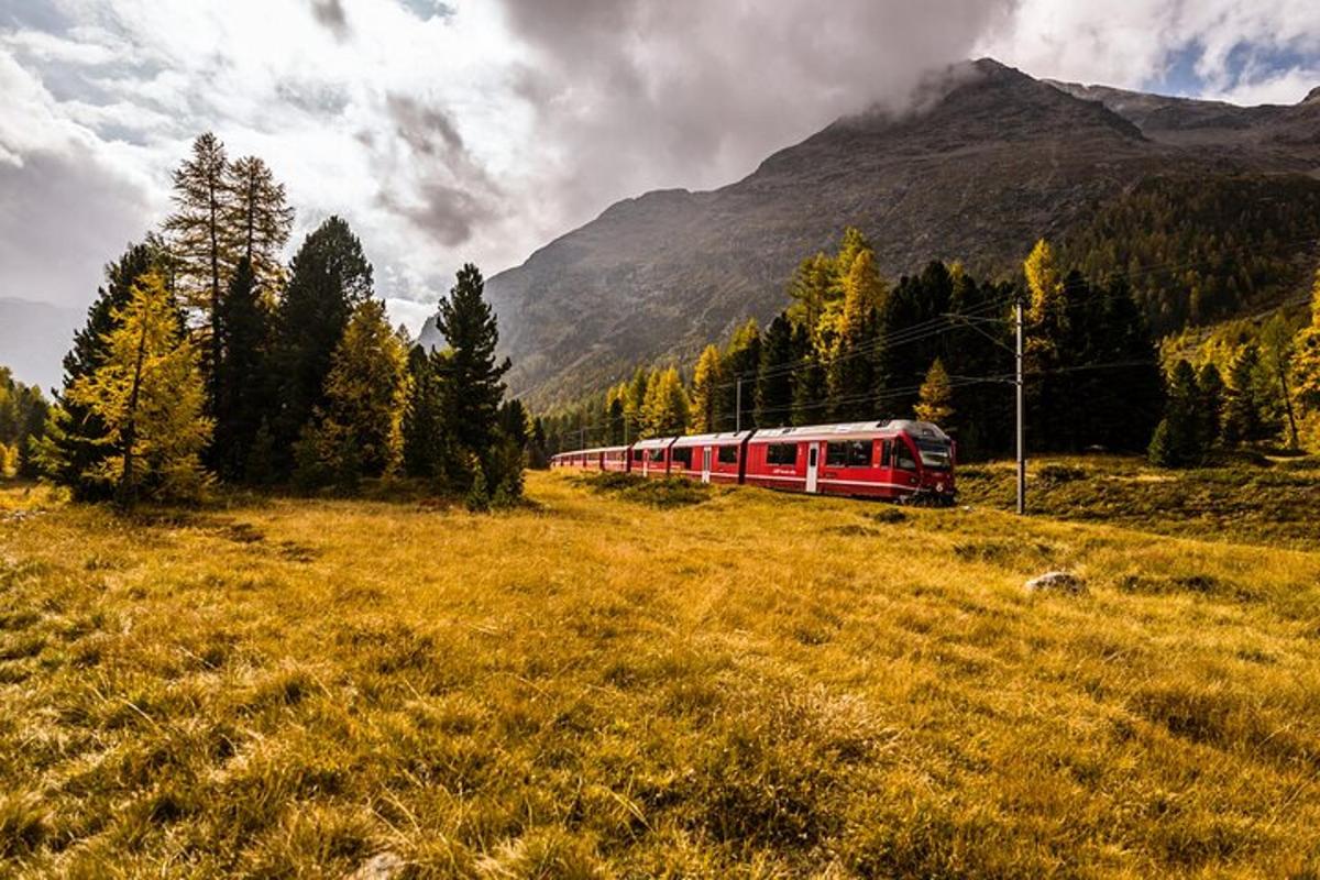 kereta api merah yang berjalan melalui ladang dengan gunung