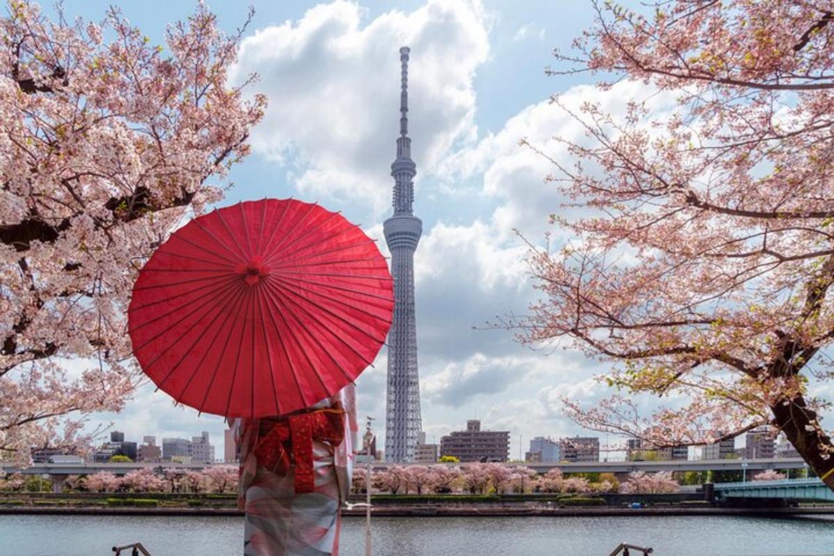 eine Person mit einem roten Regenschirm vor dem Tokyo Tower