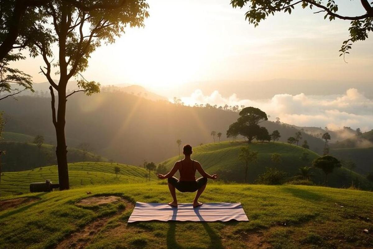 a woman doing a yoga pose on a blanket in a field