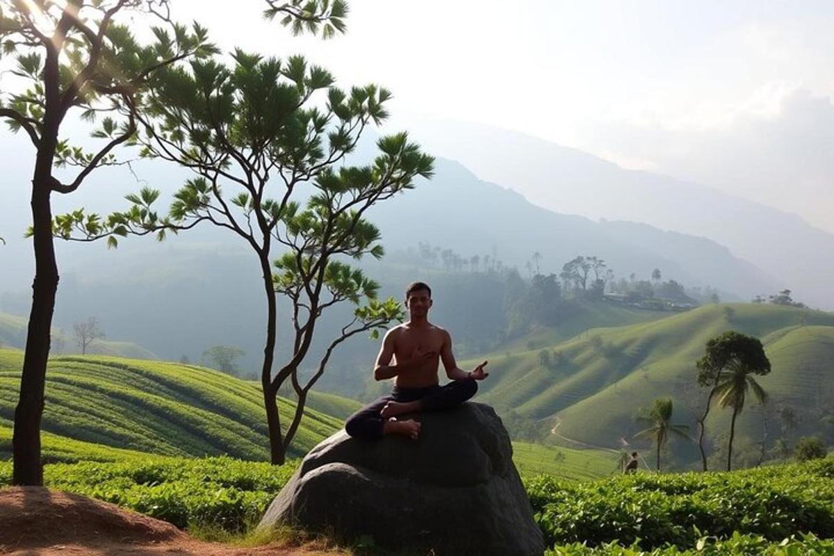 a man is sitting on a rock in meditation