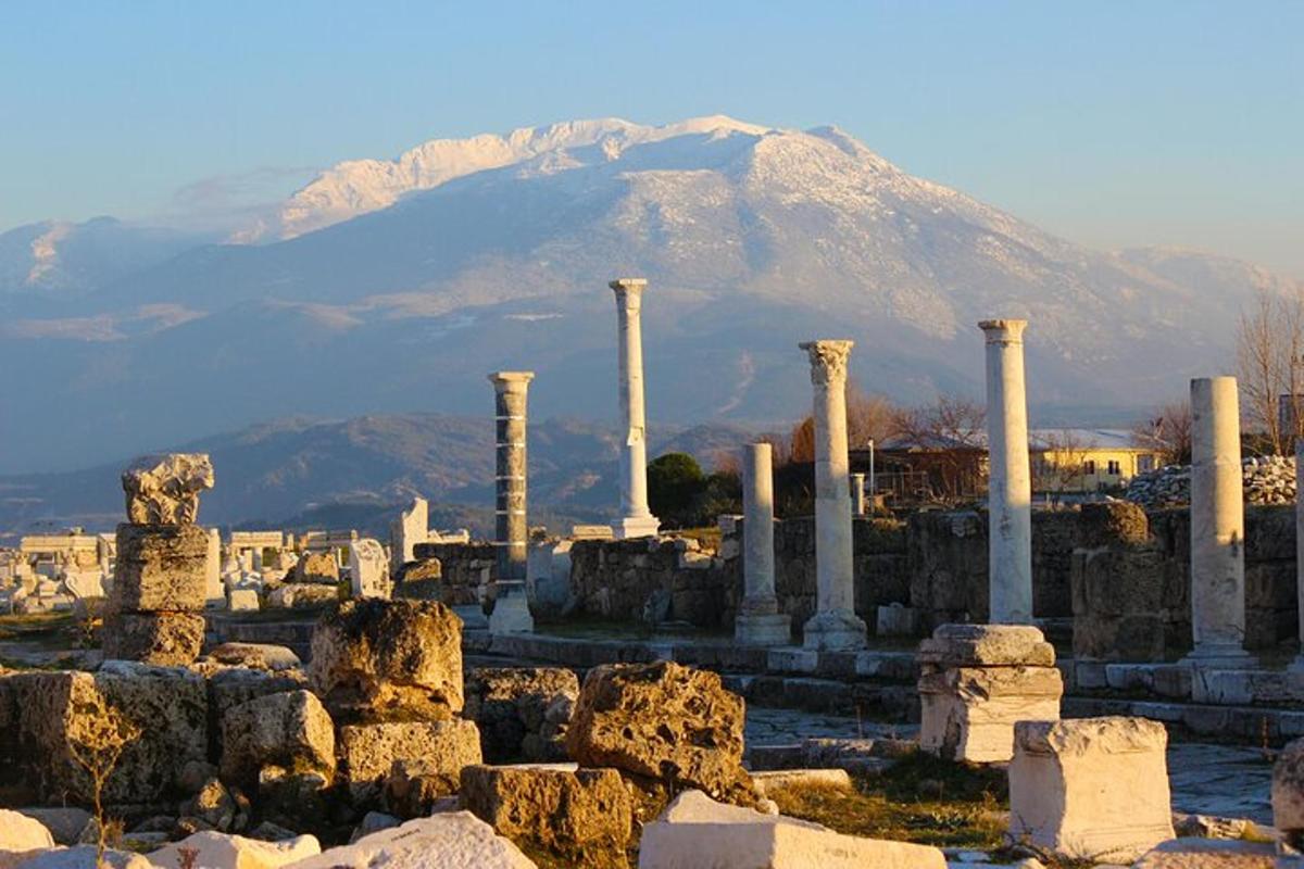 μια ομάδα κιόνων με ένα βουνό στο φόντο